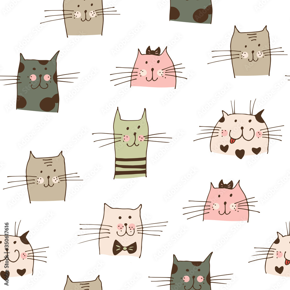 Cat faces vector seamless pattern; hand drawn cats isolated on white background Cat faces vector seamless pattern; hand drawn cats isolated on white background