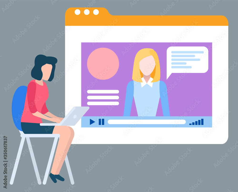 Woman watching video in laptop, business education or webinar. Screen of app in computer, e-learning course, web seminar, wireless device, media vector Woman watching video in laptop, business education or webinar. Screen of app in computer, e-learning course, web seminar, wireless device, media vector