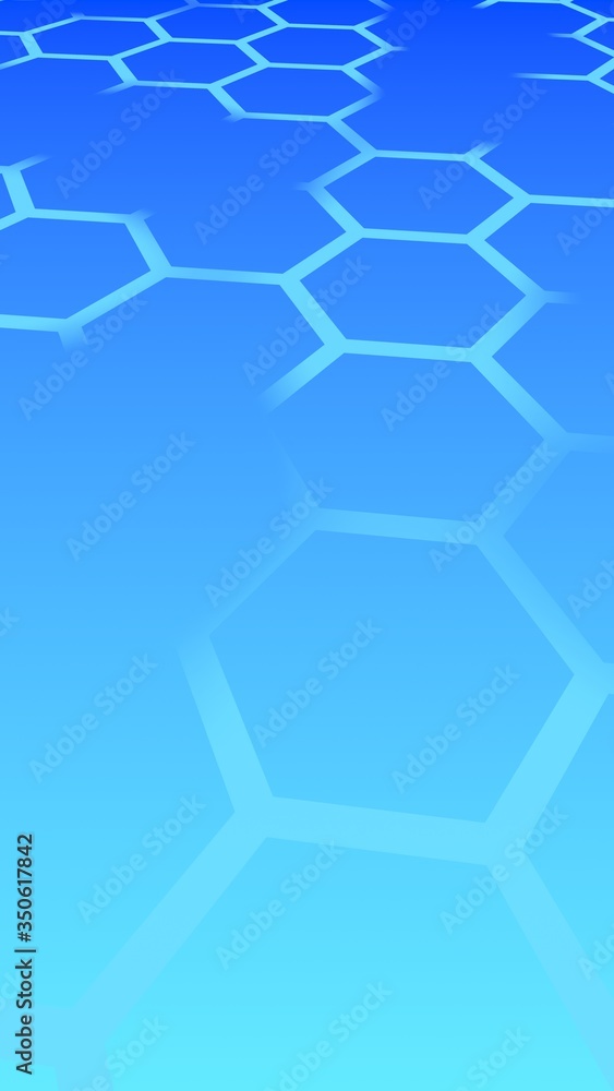 Translucent, with breaks, honeycomb on a gradient blue sky background. Perspective view on polygon look like honeycomb. Isometric geometry. 3D illustration Translucent, with breaks, honeycomb on a gradient blue sky background. Perspective view on polygon look like honeycomb. Isometric geometry. 3D illustration