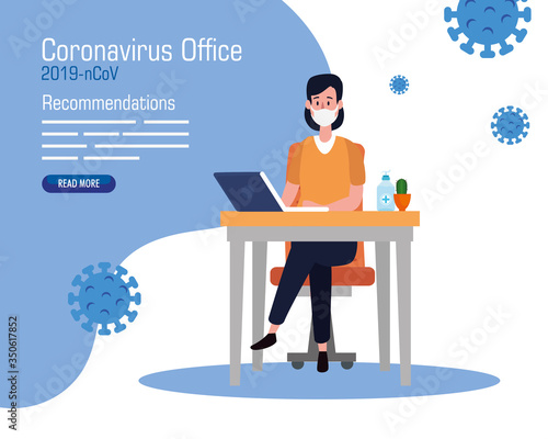 campaign of recommendations of 2019 ncov at office with businesswoman and icons vector illustration design