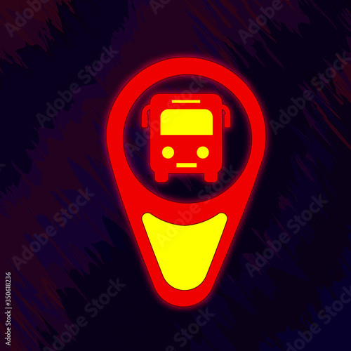 Isolated vector icon with neon glow. Bus stop sign. Red bus. Bright icon for the tourist route, city map, website, and bus schedule.
train station, terminal, terminus, road service. 