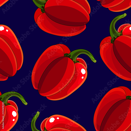 Vector isolated objects. pattern for the design of kitchen accessories, website, menu. Bright red sweet peppers falling on a blue background. Seamless pattern.
 photo