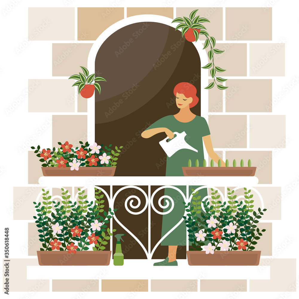 girl watering flowers on the balcony girl watering flowers on the balcony