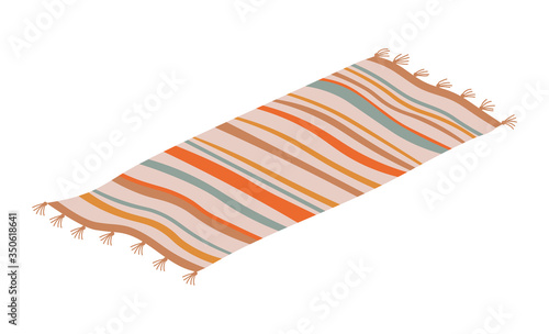 Striped rug floor covering isolated on white. Vector retro mat, carpet thick woven material, interior design element flat design illustration