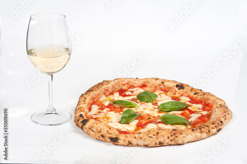  pizza margherita and prosecco in a white background 