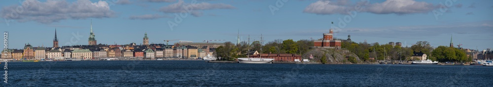 View over the old town district Gamla Stan and the islands Djurgården and Kastellholmen in Stockholm a sunny spring day