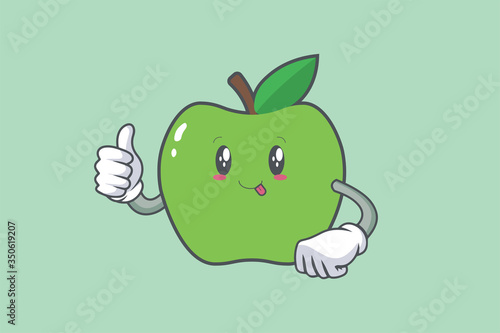 DUMB, FUNNY, TONGUE,. cheerful, Face Emotion. Thumb Up Gesture.Green Apple Mascot Illustration.