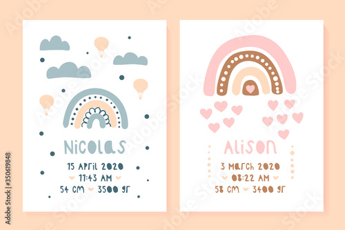 A set of children's posters, height, weight, date of birth. Bear, Lama. Vector illustration on mint and pink background. Illustration newborn metric for children bedroom.