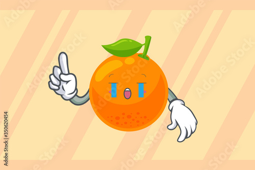 CRYING, SAD, SOB, CRY, Face. index finger, forefinger Gesture. Mascot Vector Illustration. Orange Citrus Fruit Cartoon.