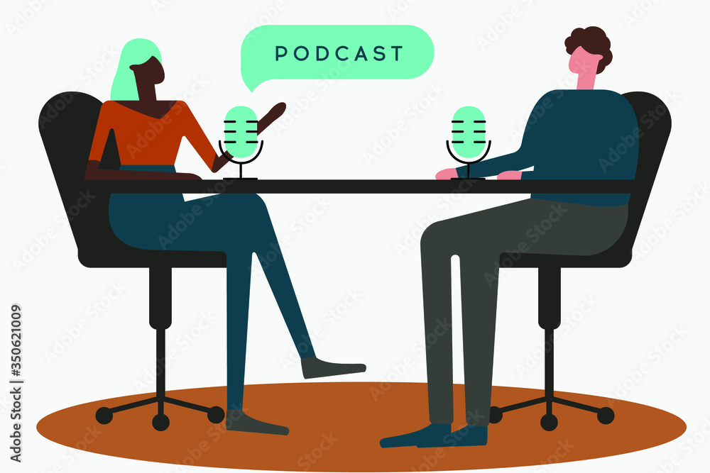 Podcast in the studio. flat vector illustration. A man and a woman are talking in microphones. Mass media Podcast in the studio. flat vector illustration. A man and a woman are talking in microphones. Mass media