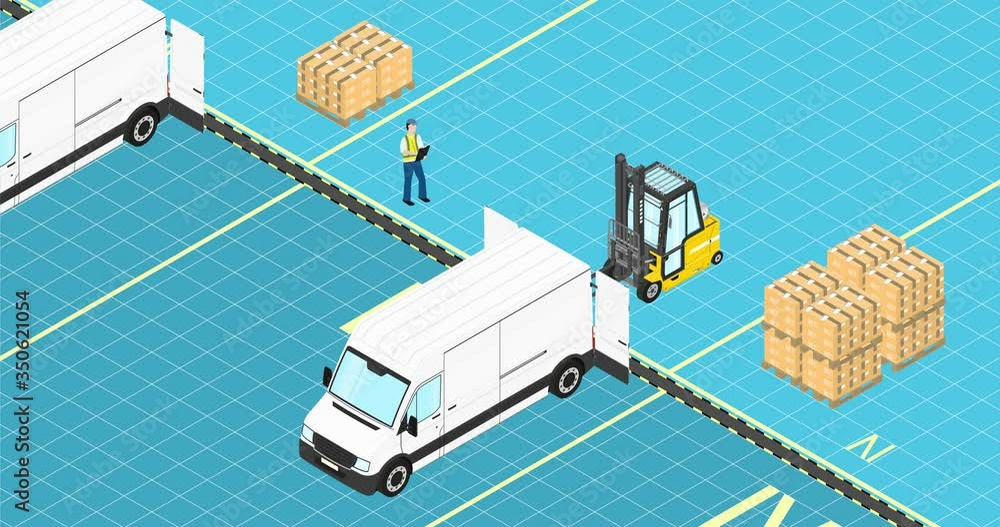 Logistics concept. Yellow forklift loading a pallet with boxes into a van. Simplistic isometric view animation. Logistics concept. Yellow forklift loading a pallet with boxes into a van. Simplistic isometric view animation.