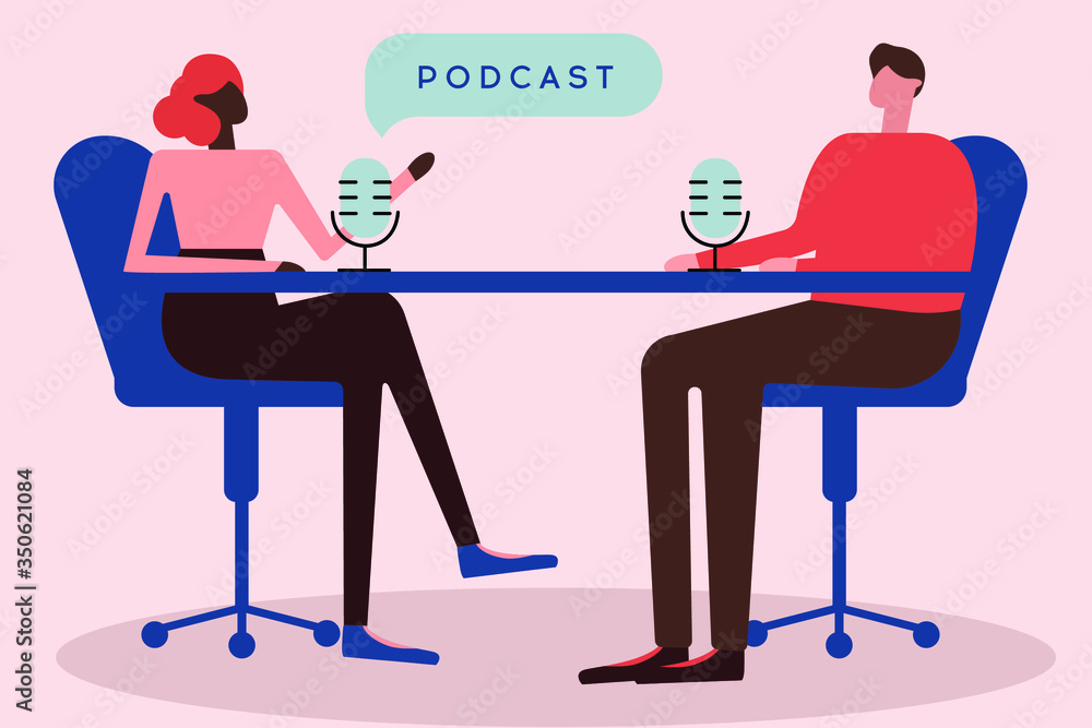 Podcast in the studio. flat vector illustration. A man and a woman are talking in microphones. Mass media