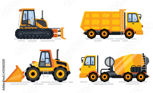 Construction equipment vector, isolated machinery transport for work. Bulldozer and tractor, cement mixer and excavator, building working process