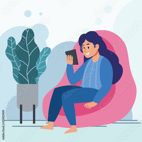 Sedentary lifestyle. Women  sitting relaxing lazy working   reading ipad characters watching tv vector cartoon. Women sitting on sofa at home 