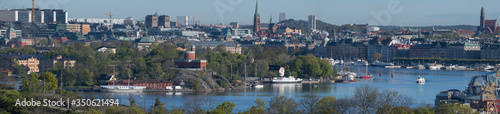 High view over the inner harbor of Stockholm, sky line with islands and boats.