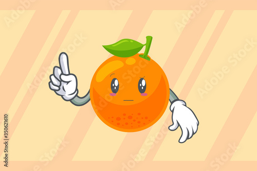 REALLY, ATTENTIVE, Curios Face. index finger, forefinger Gesture. Mascot Vector Illustration. Orange Citrus Fruit Cartoon.