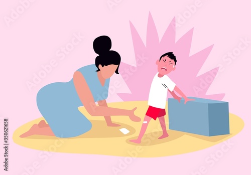 Boy hurt knee vector illustration. Mother takes care of her son. The kid is sick at home. The child has a damaged leg. Maternal stress. A woman is using band-aid for her baby.