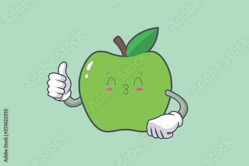 KISS, FLIRTY, SMILING EYE Face Emotion. Thumb Up Gesture.Green Apple Mascot Illustration.