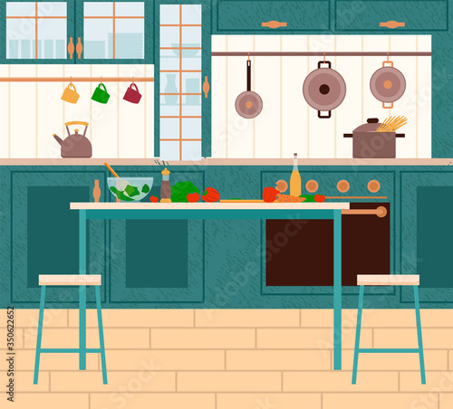 Cooking furnished place with tomato and bell pepper on table. Kitchen interior view with wooden cupboard, oven and pan with spaghetti on stove. Kitchenware and vegetarian products indoor vector