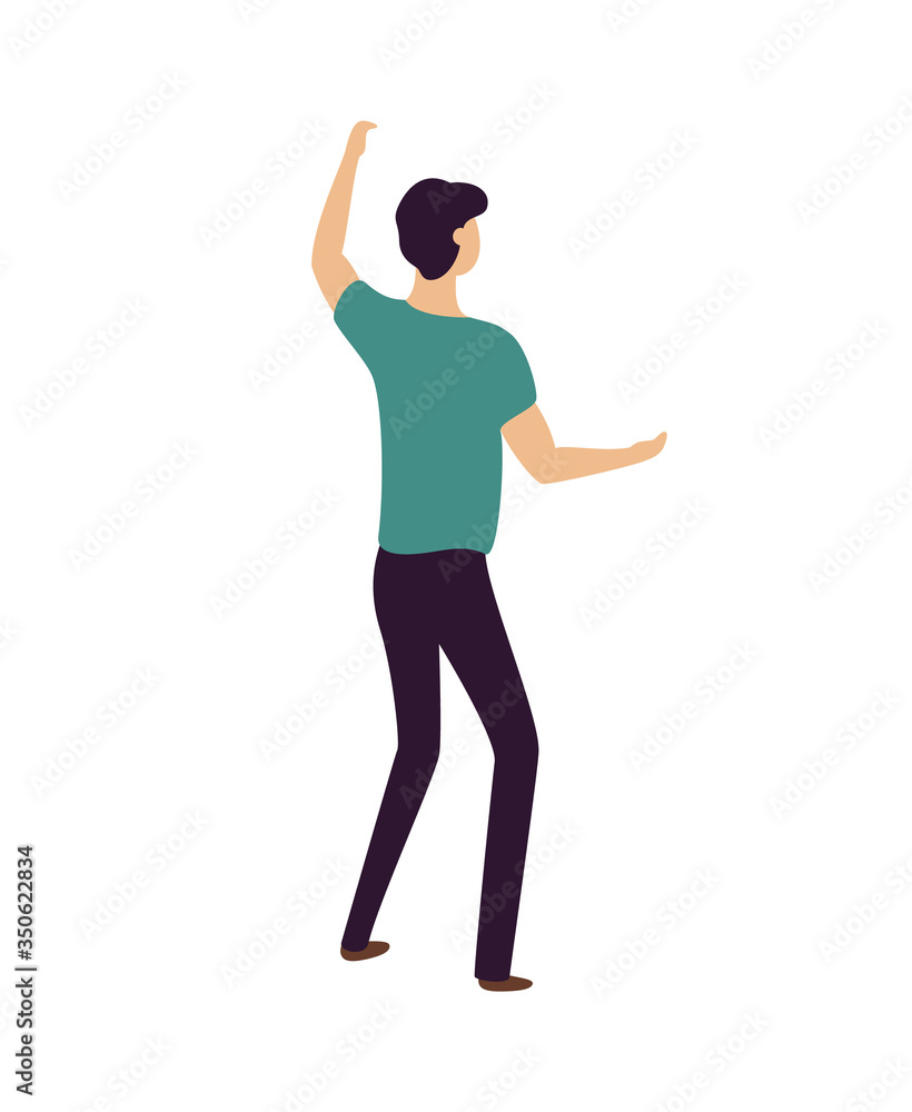 Fototapeta premium Partying man dancing and moving with music vector, dancer black view isolated male flat style. Guy wearing tshirt and trousers having fun in club
