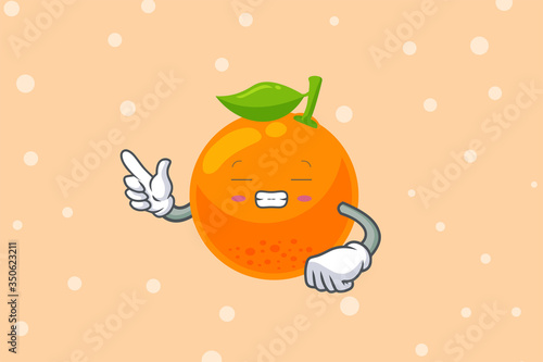 FRUSTRATED, GRIN SMILE, NERVOUS Face. Forefinger, pointed at Gesture. Orange Citrus Fruit Cartoon Mascot Illustration.