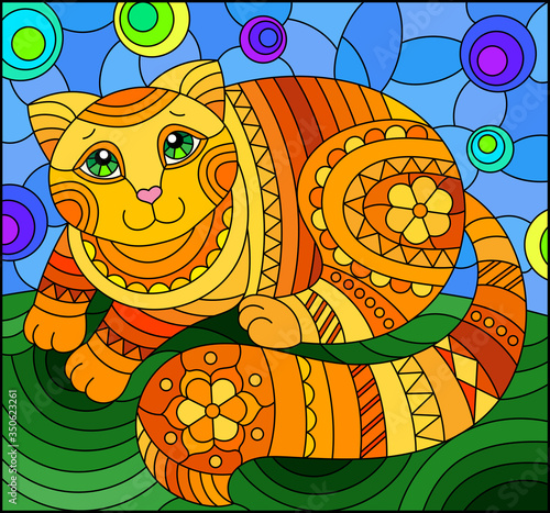 Illustration in stained glass style with abstract cute red cat on a blue background