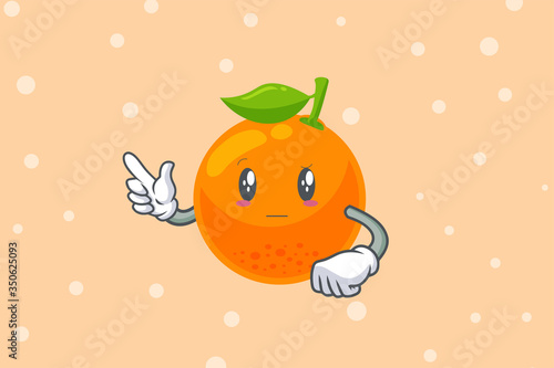 REALLY, ATTENTIVE, Curios Face. Forefinger, pointed at Gesture. Orange Citrus Fruit Cartoon Mascot Illustration.