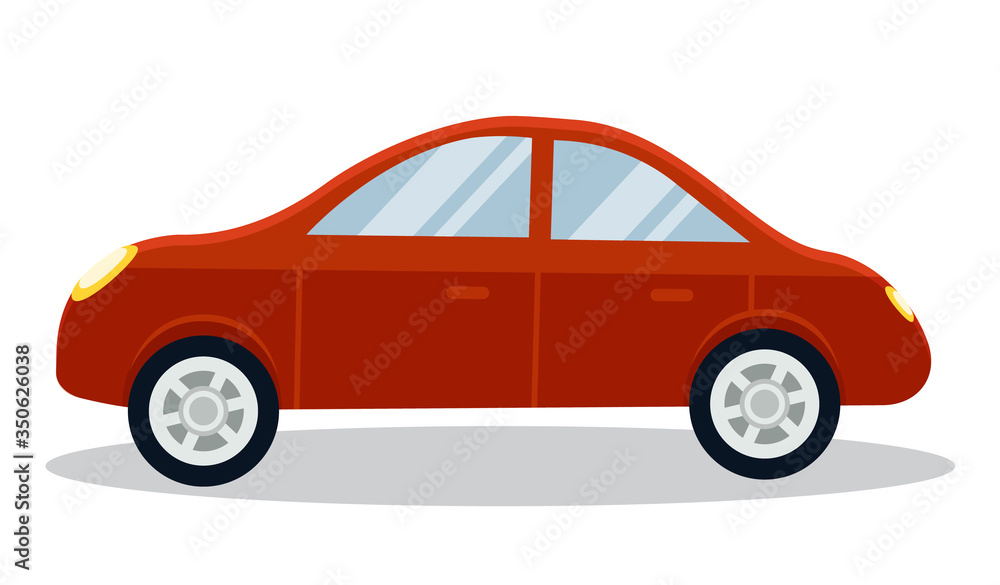 Red automobile riding aside. Isolated transport in motion. Eco auto of small size. Modern model of car with windows and wheels. Traveling or taking part in racing competition flat style vector Red automobile riding aside. Isolated transport in motion. Eco auto of small size. Modern model of car with windows and wheels. Traveling or taking part in racing competition flat style vector