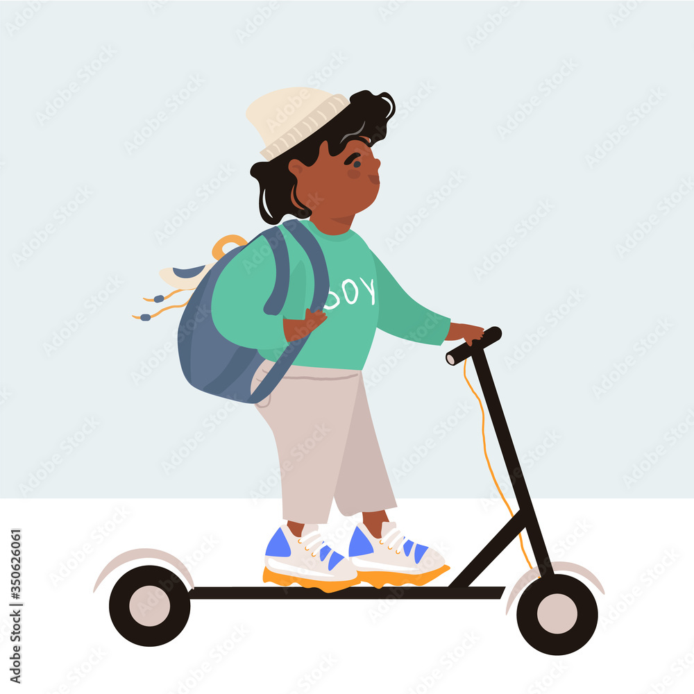 International Children's Day. Modern children. Afro american boy in trendy clothes with a backpack rides an electric scooter. Bright vector flat illustration in cartoon style. International Children's Day. Modern children. Afro american boy in trendy clothes with a backpack rides an electric scooter. Bright vector flat illustration in cartoon style.