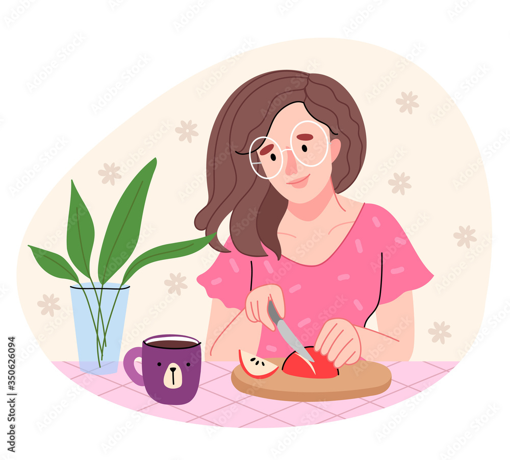 A girl in a pink shirt is cooking in the kitchen. Beautiful woman in round glasses slices an apple.Prepares a salad in the kitchen.Flat cartoon vector illustration. A girl in a pink shirt is cooking in the kitchen. Beautiful woman in round glasses slices an apple.Prepares a salad in the kitchen.Flat cartoon vector illustration.