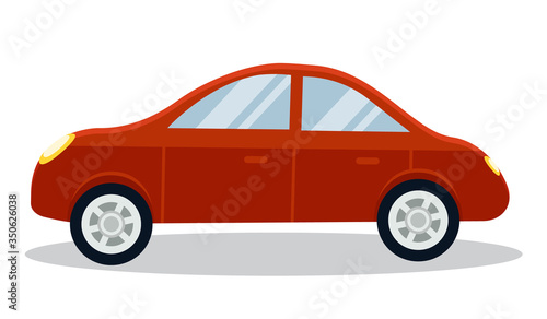 Red automobile riding aside. Isolated transport in motion. Eco auto of small size. Modern model of car with windows and wheels. Traveling or taking part in racing competition flat style vector