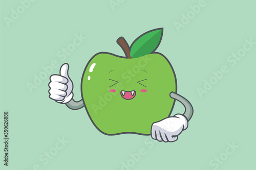 LAUGHING, HAPPY, FUN, cheerful, Face Emotion. Thumb Up Gesture.Green Apple Mascot Illustration.