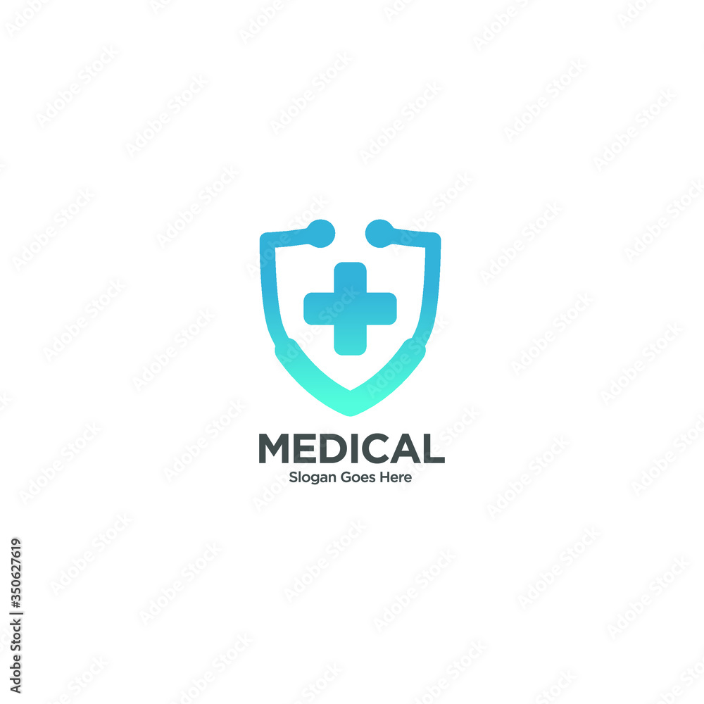 Fototapeta premium Medical shield protection logo isolate vector. Health Protection With Shield Logo Design Vector Template For Medical Or Insurance Company.