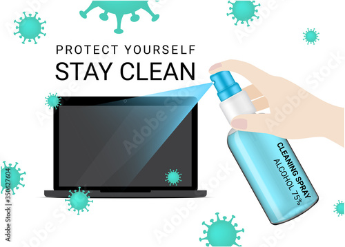 Glossy Spray Transparent Bottle with hygienic sanitizer Alcohol and Laptop For Corona Virus Protection Advertising. New Normal Background Illustration. Health Care and Medical concept design.