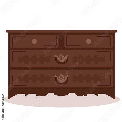 Icon of vintage dresser. Isolated bureau on a white background. Retro and antique furniture for bedroom, office, living room. Vector flat illustration of wooden brown nightstand.