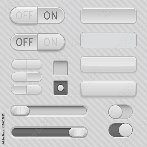 Gray web buttons. Push buttons, toggle switch buttons and sliders