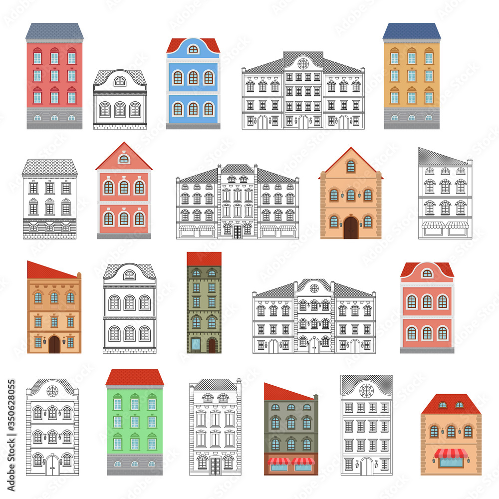 Houses. Set of european old buildings. Outline and colored drawing