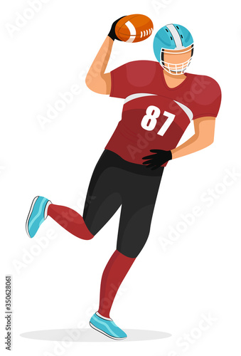 Young guy playing in american football. Player of team running. Guy dressed in red uniform and helmet. Sportsman isolated alone on white background. Vector illustration of active game in flat style