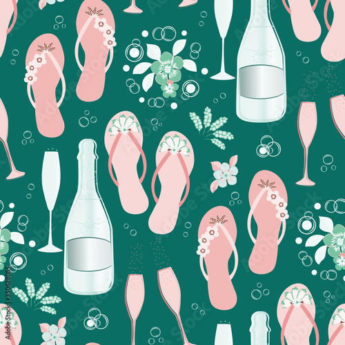 Champagne bottles and flip flop shoe vector seamless pattern background. Hand drawn glasses, sparkling wine, sandals flowers teal pink backdrop. All over print for beach hen party celebration concept