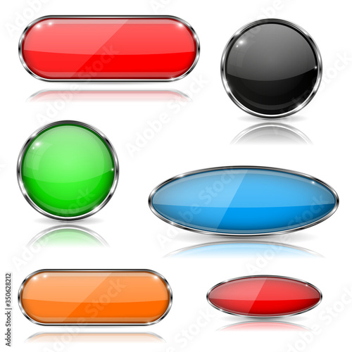 Glass buttons with metal frame. Colored 3d shiny elements on white background