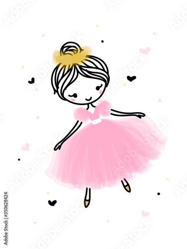 Cute dancing ballerina in pink transparent skirt. Hand drawn cartoon with adorable little ballet dancer. Simple vector illustration isolated on white. Use for t-shirt print. Editable stroke