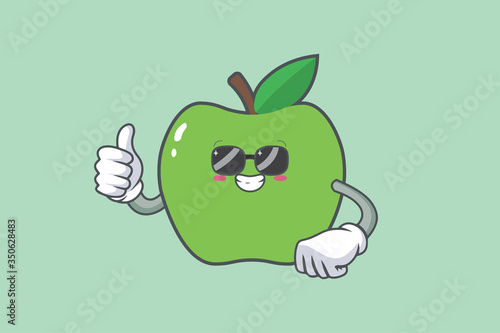 RELAXED, GLASSES, COOL Face Emotion. Thumb Up Gesture.Green Apple Mascot Illustration.