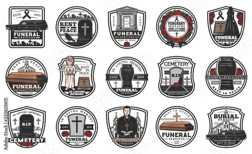 Funeral, burial and funerary service vector icons. Columbarium or cremation urns, funeral burial service agency symbols, cemetery graveyard with memorial wreath. Priest with bible, coffins and car