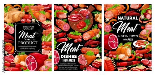 Meat, sausages and butcher shop products. Vector pork ham and veal medallions, sausages, beef steak, kotelet and salami. Cervelat, smoked wursts, mutton ribs and chicken farm meat