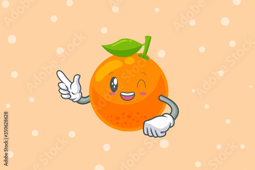 GRINNING WINK, HAPPY Face. Forefinger, pointed at Gesture. Orange Citrus Fruit Cartoon Mascot Illustration.