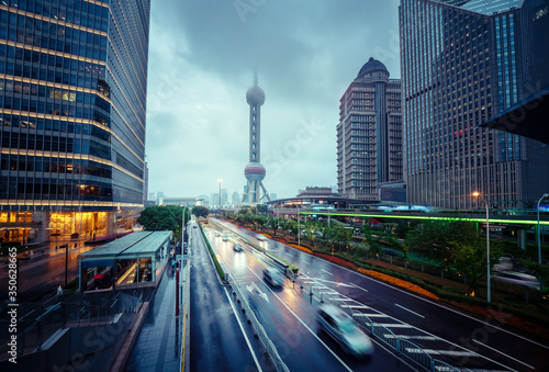 wet road in Shanghai Lujiazui financial center, China