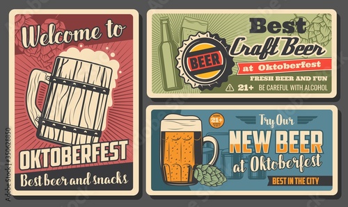 Oktoberfest beer and snack retro vector posters. Wooden and glass cups, hop leaf, alcohol drinks age restriction. Oktoberfest craft beer fest celebration, beerhouse tavern or pub vintage cards