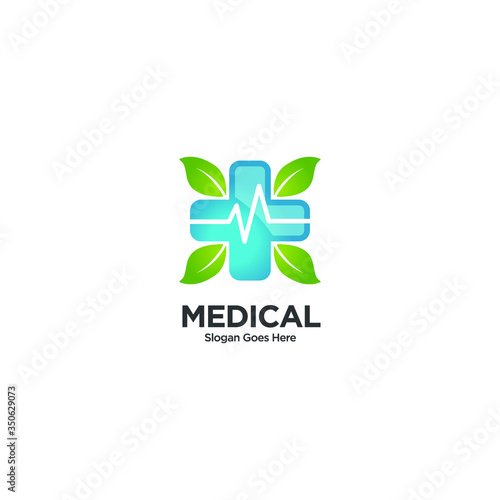 Medical Cross and Leaf for Health Pharmacy Logo Vector Template