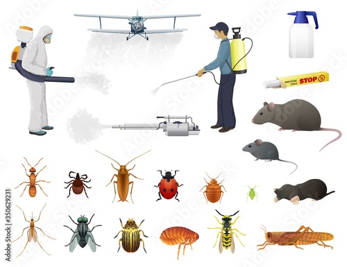 Disinfection, pest control, vector men in protective suits and airplane spraying pesticides against insects. Isolated bug, flea and cockroach, ant, tick and wasp extermination. Cold fogger with smoke