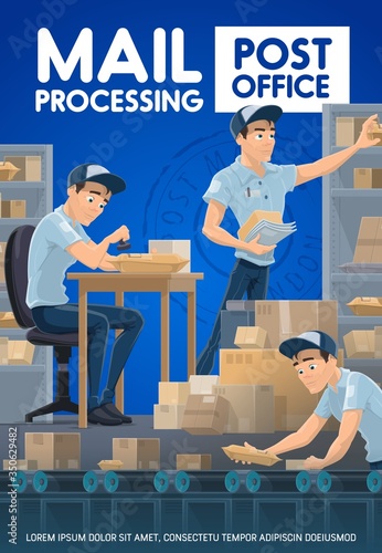 Postmen sorting mail and parcels, post office. Cartoon vector postman in warehouse stamping a pack or box and put on conveyor belt and shelves. Postal packages sorting, service and mail processing